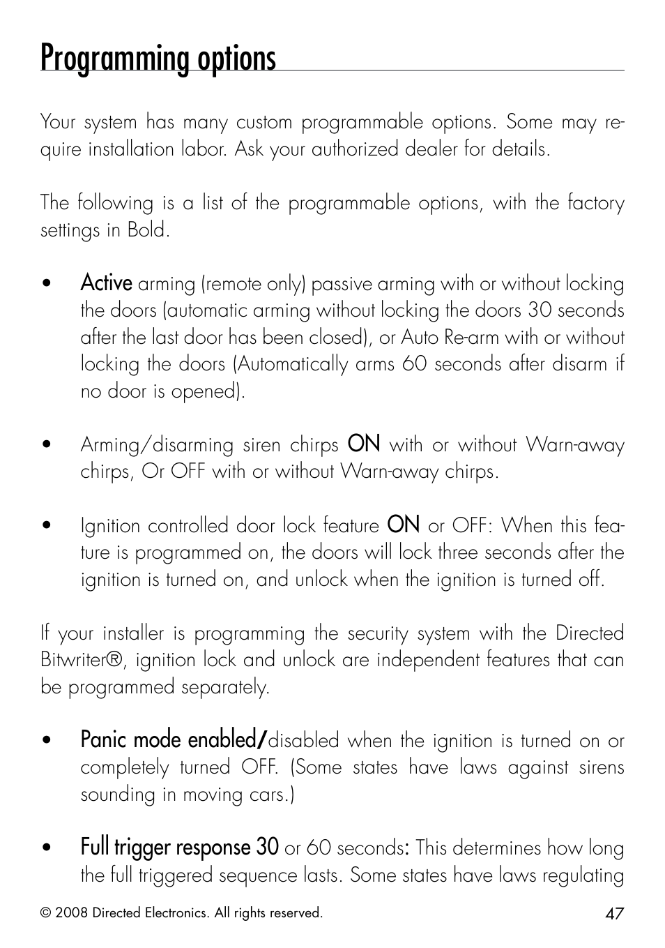 Programming options | Directed Electronics 991 User Manual | Page 47 / 60