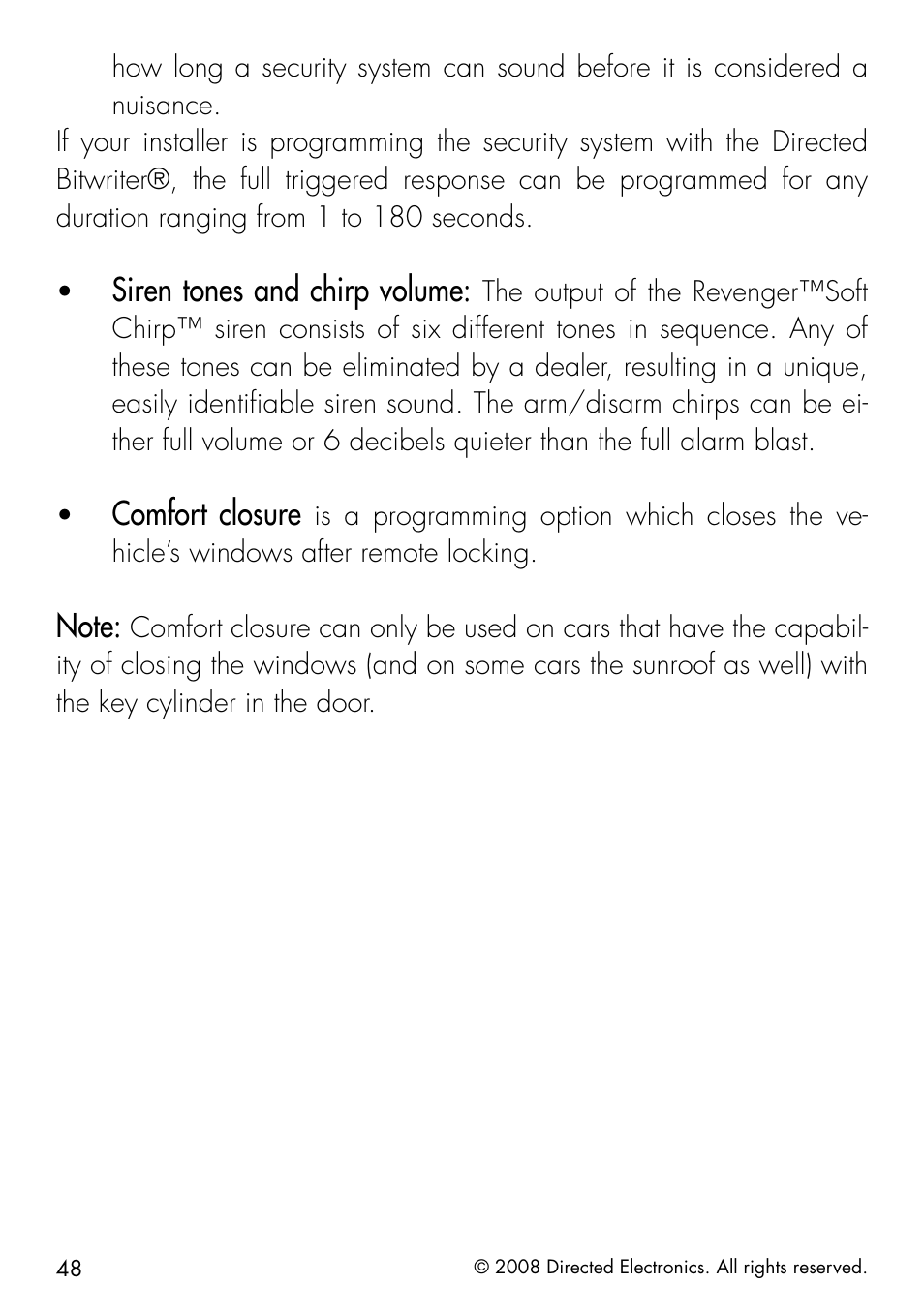 Siren tones and chirp volume, Comfort closure | Directed Electronics 991 User Manual | Page 48 / 60