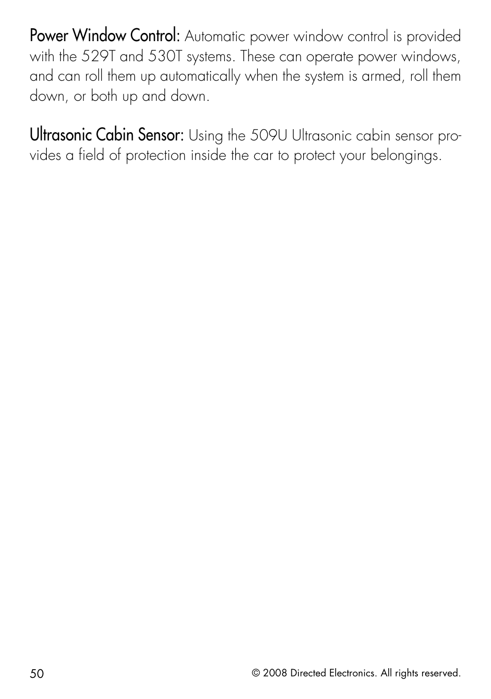 Power window control, Ultrasonic cabin sensor | Directed Electronics 991 User Manual | Page 50 / 60