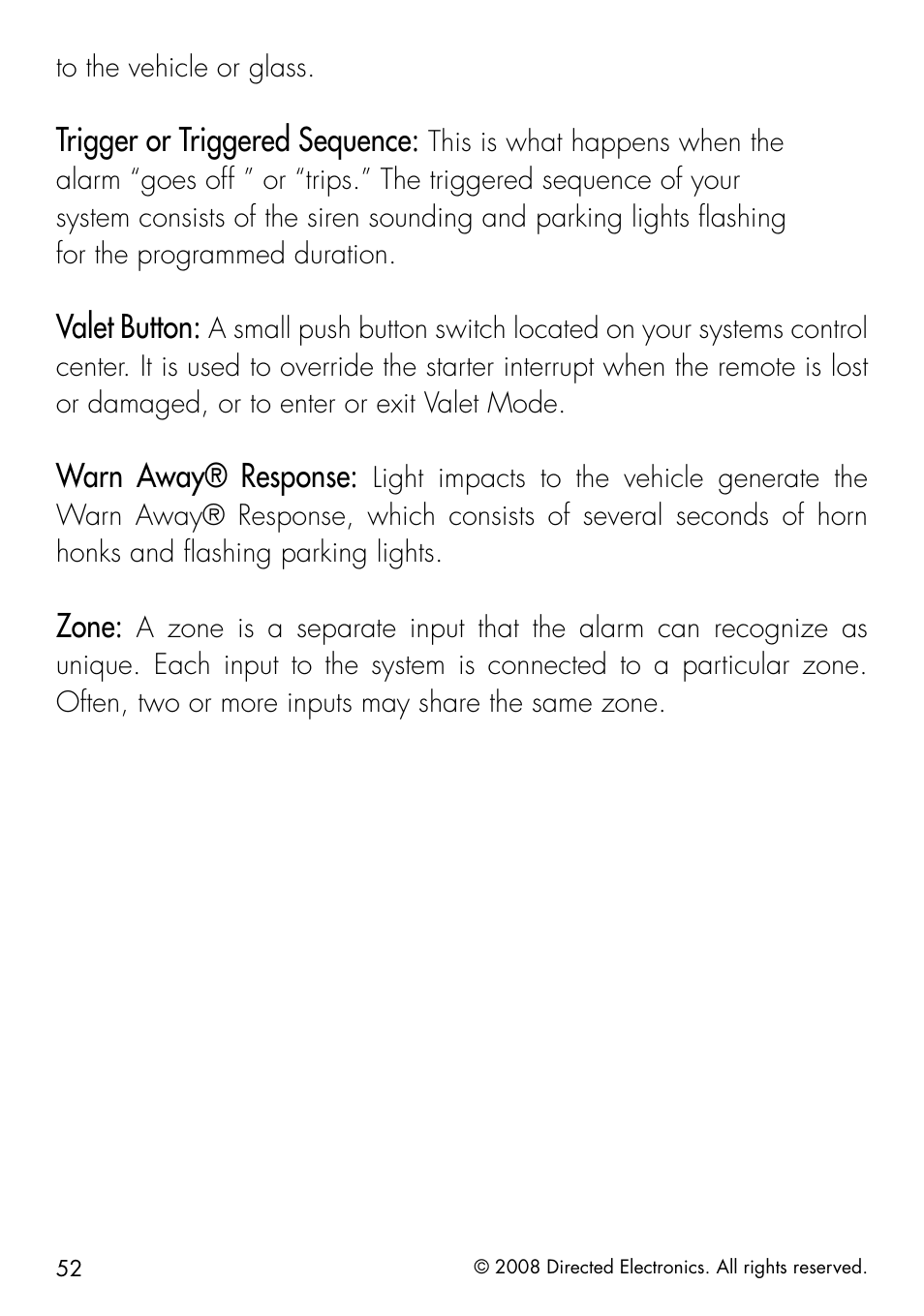 Trigger or triggered sequence, Valet button, Warn away® response | Zone | Directed Electronics 991 User Manual | Page 52 / 60