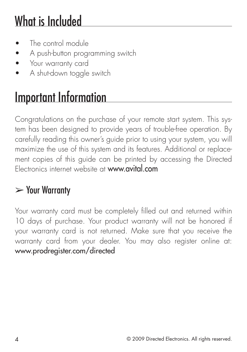 What is included, Important information, Your warranty | Directed Electronics AVITAL 4003 User Manual | Page 6 / 20