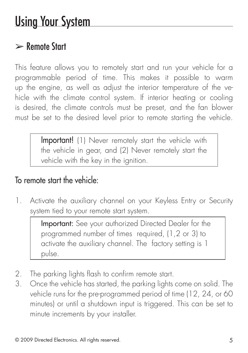 Using your system, Remote start | Directed Electronics AVITAL 4003 User Manual | Page 7 / 20