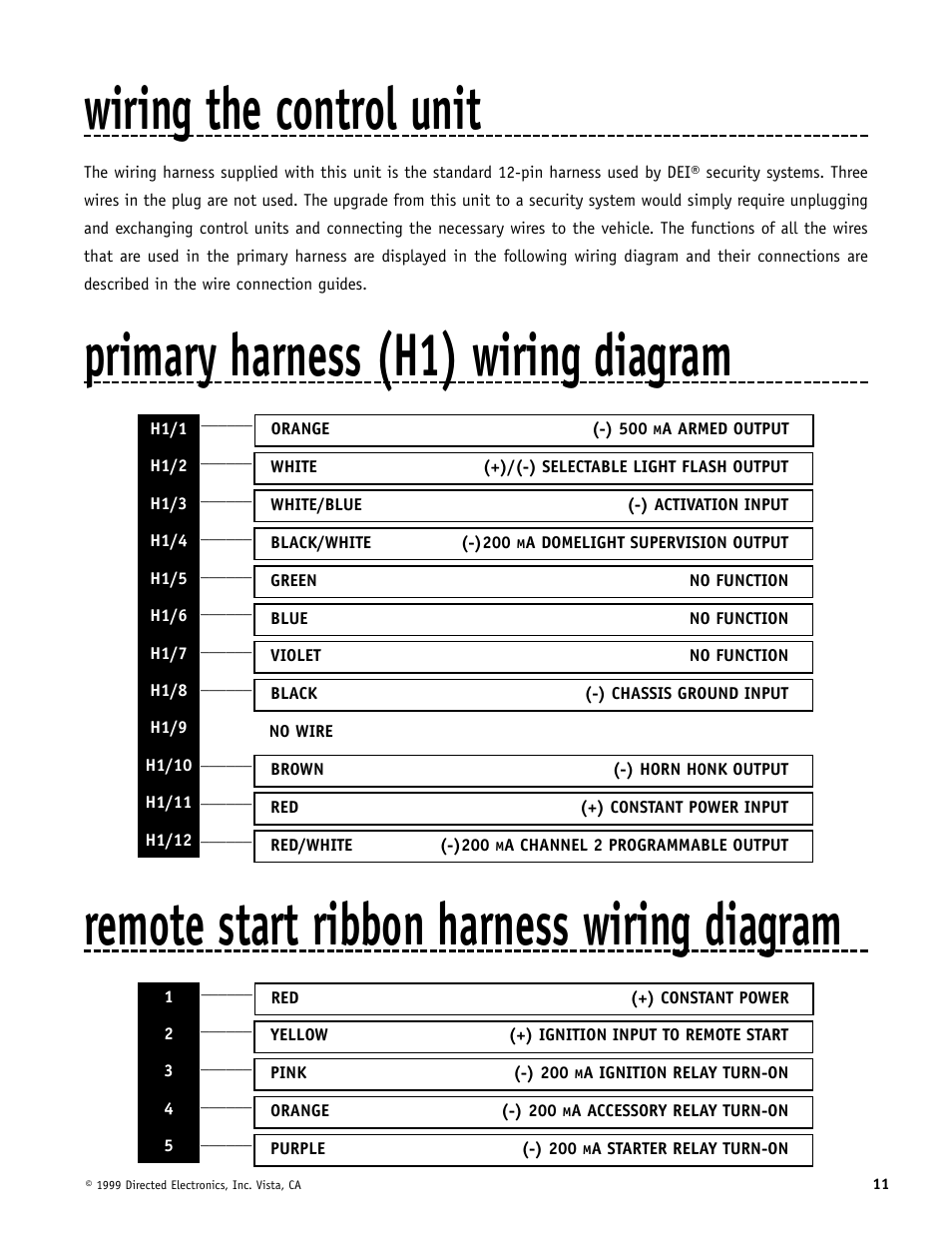 Wiring the control unit, Primary harness (h1) wiring diagram, Remote start ribbon harness wiring diagram | Directed Electronics Automate 552 User Manual | Page 11 / 42