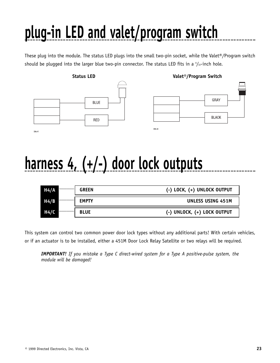 Plug-in led and valet/program switch, Harness 4, (+/-) door lock outputs | Directed Electronics Automate 552 User Manual | Page 23 / 42