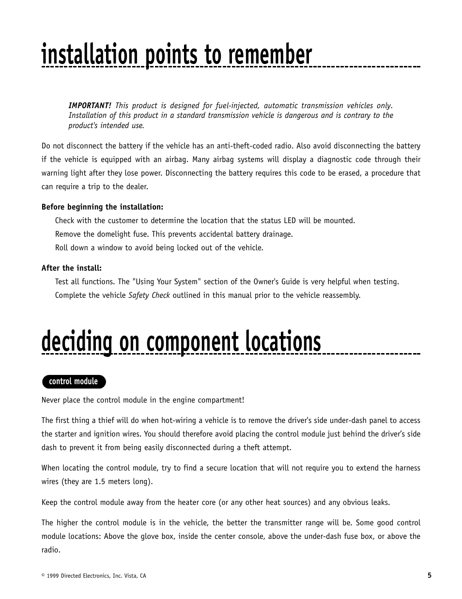 Installation points to remember, Deciding on component locations | Directed Electronics Automate 552 User Manual | Page 5 / 42