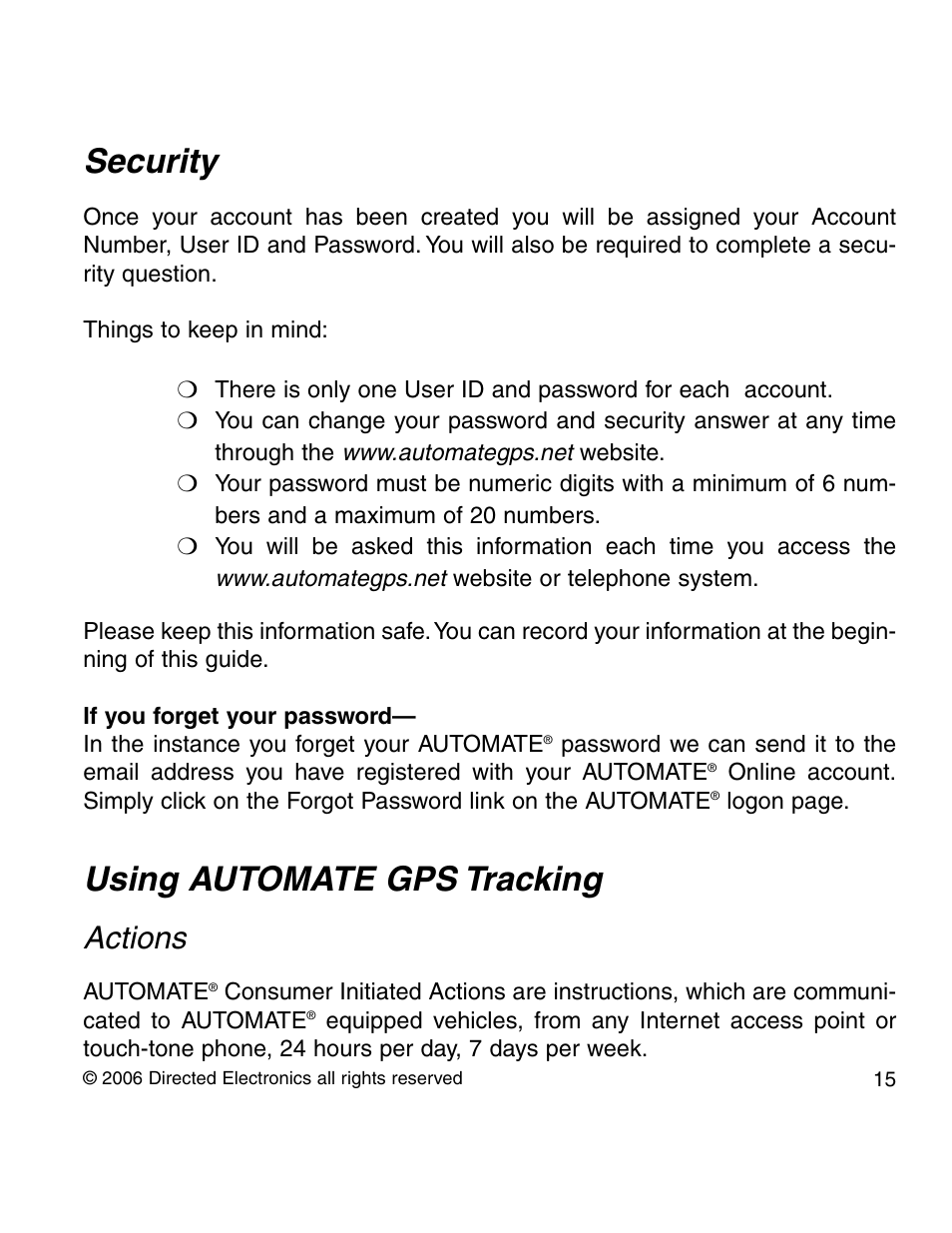 Security, Using automate gps tracking, Actions | Directed Electronics 210A User Manual | Page 15 / 35