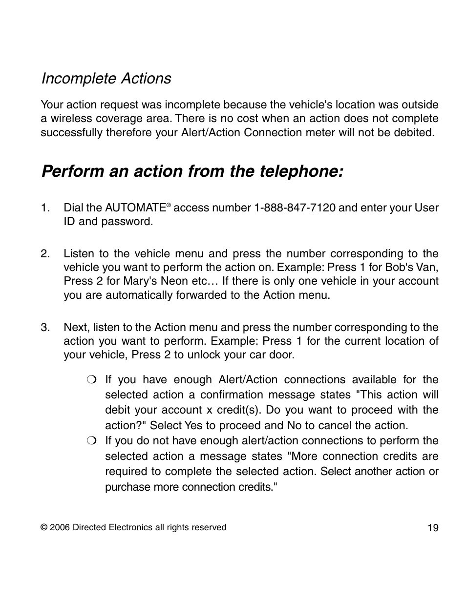 Perform an action from the telephone, Incomplete actions | Directed Electronics 210A User Manual | Page 19 / 35