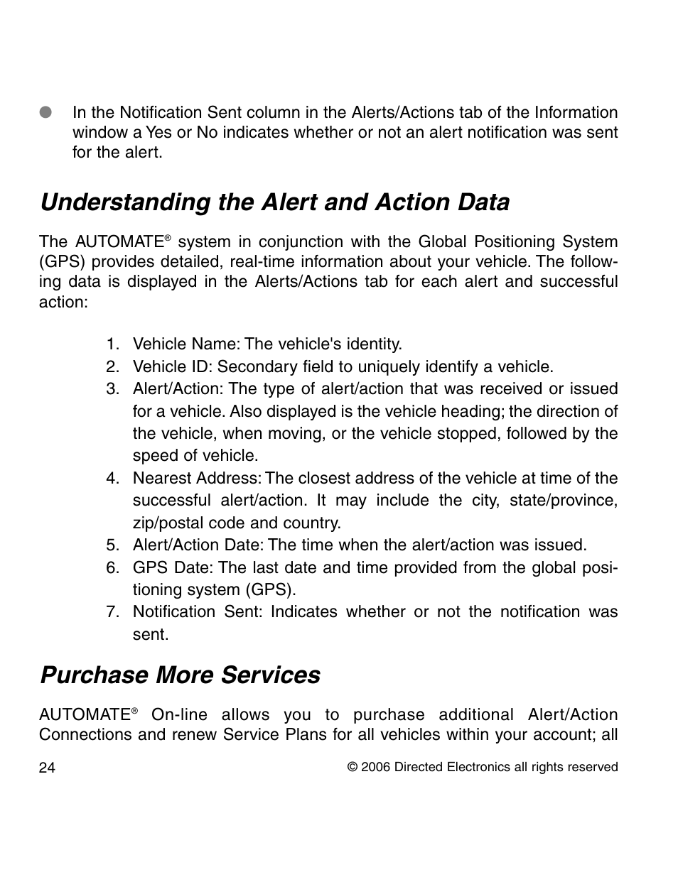 Understanding the alert and action data, Purchase more services | Directed Electronics 210A User Manual | Page 24 / 35