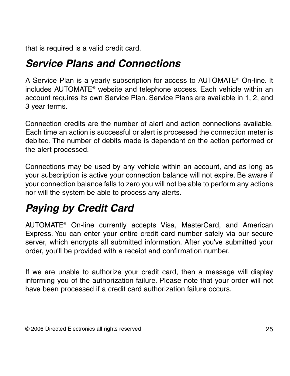 Service plans and connections, Paying by credit card | Directed Electronics 210A User Manual | Page 25 / 35