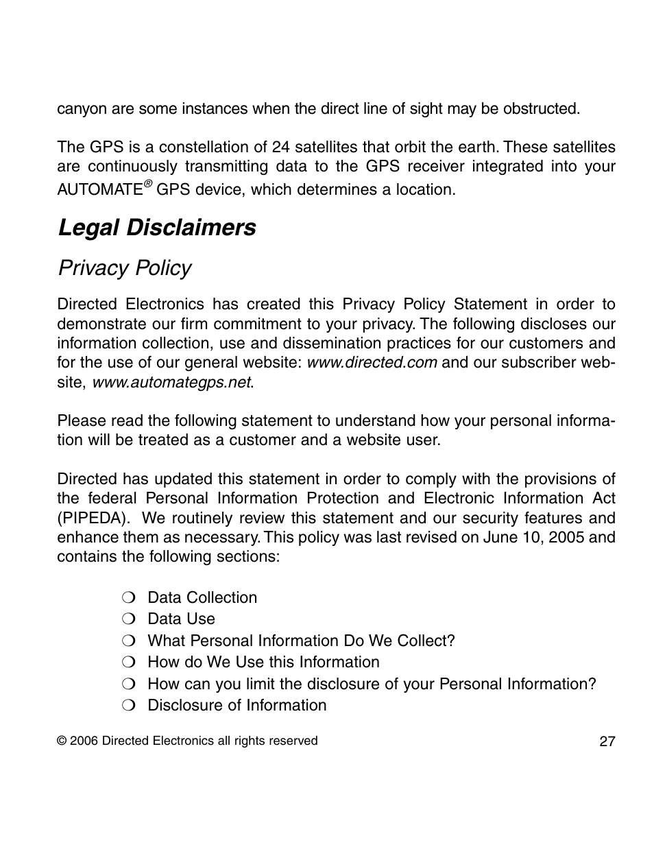Legal disclaimers, Privacy policy | Directed Electronics 210A User Manual | Page 27 / 35