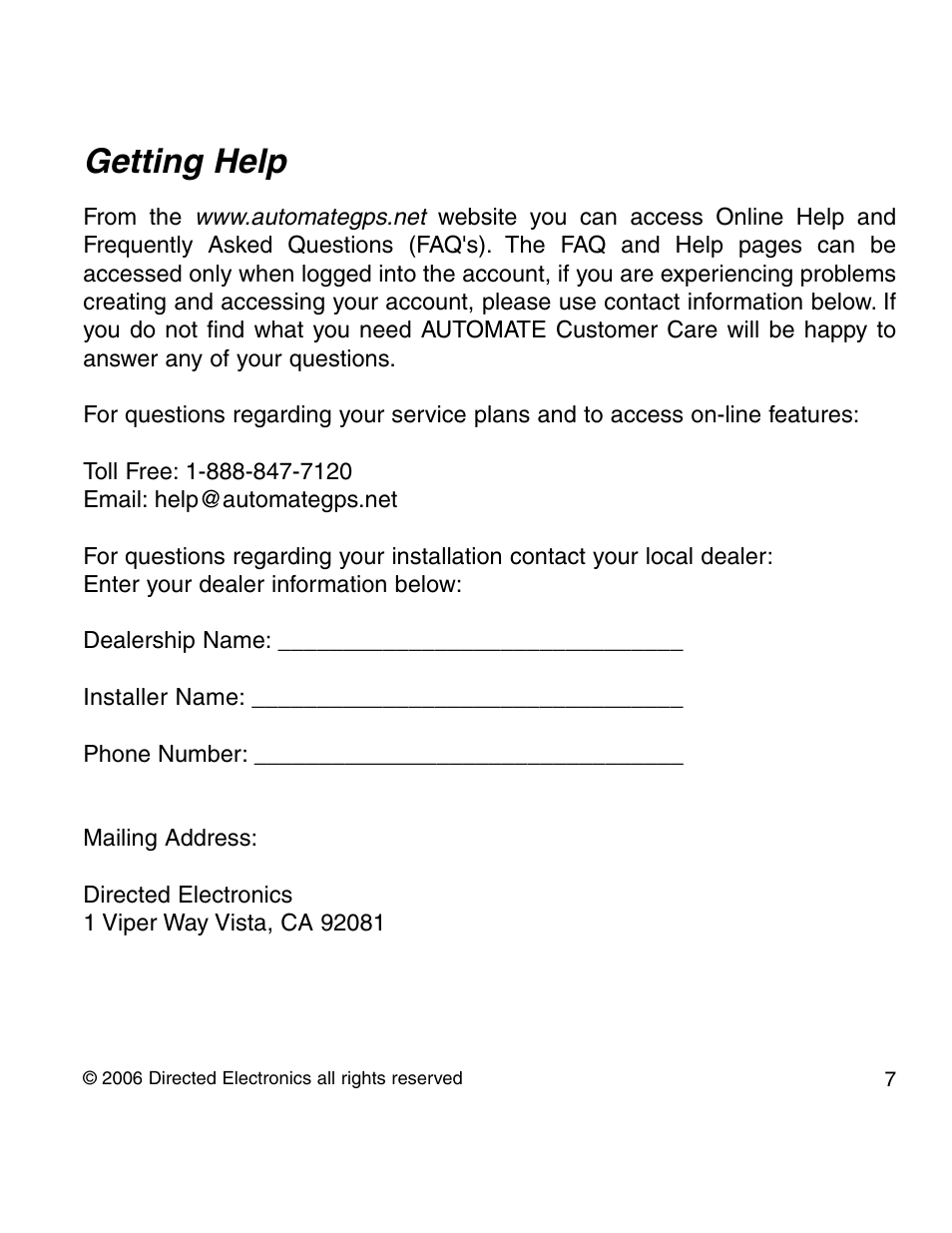 Getting help | Directed Electronics 210A User Manual | Page 7 / 35