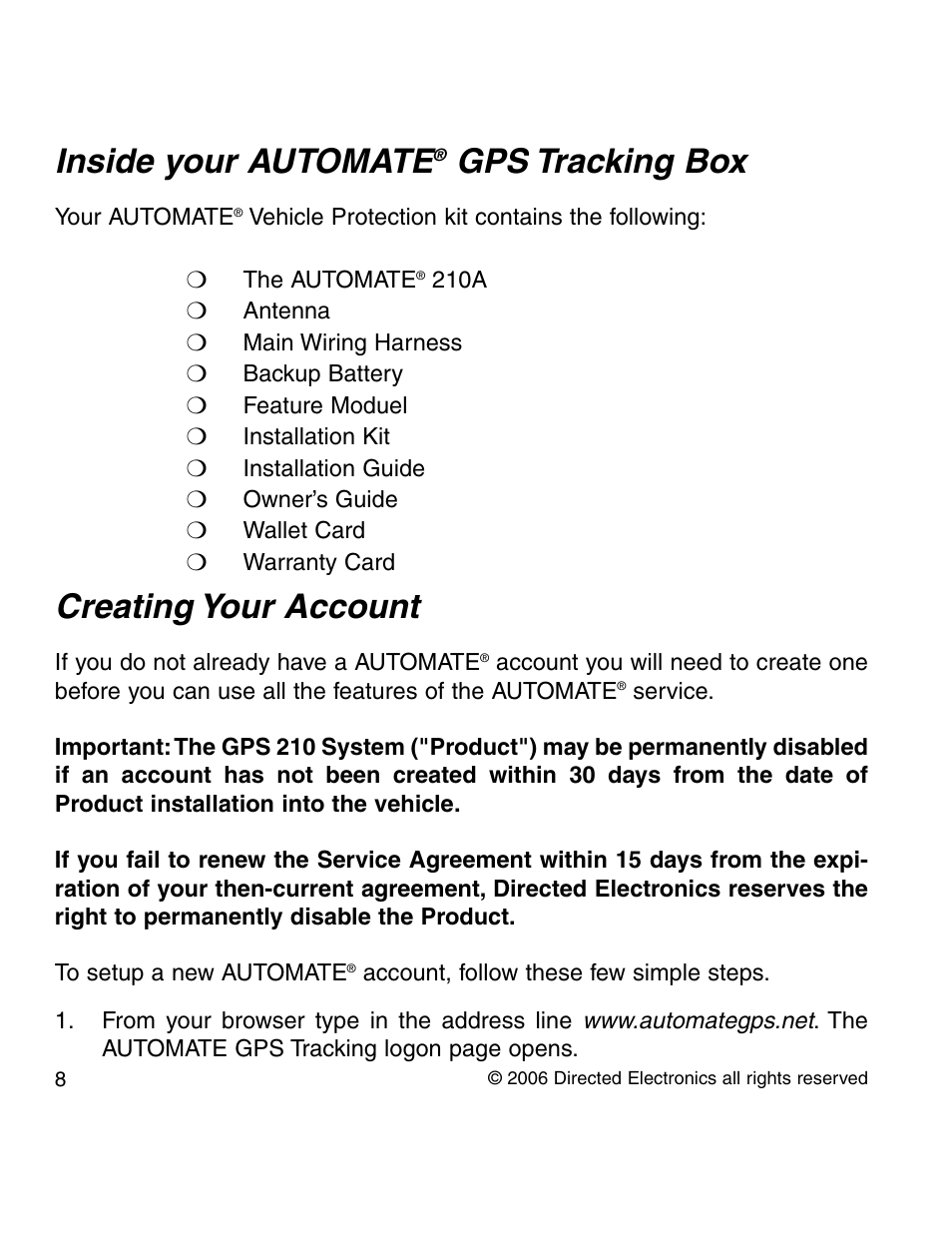 Inside your automate, Gps tracking box, Creating your account | Directed Electronics 210A User Manual | Page 8 / 35