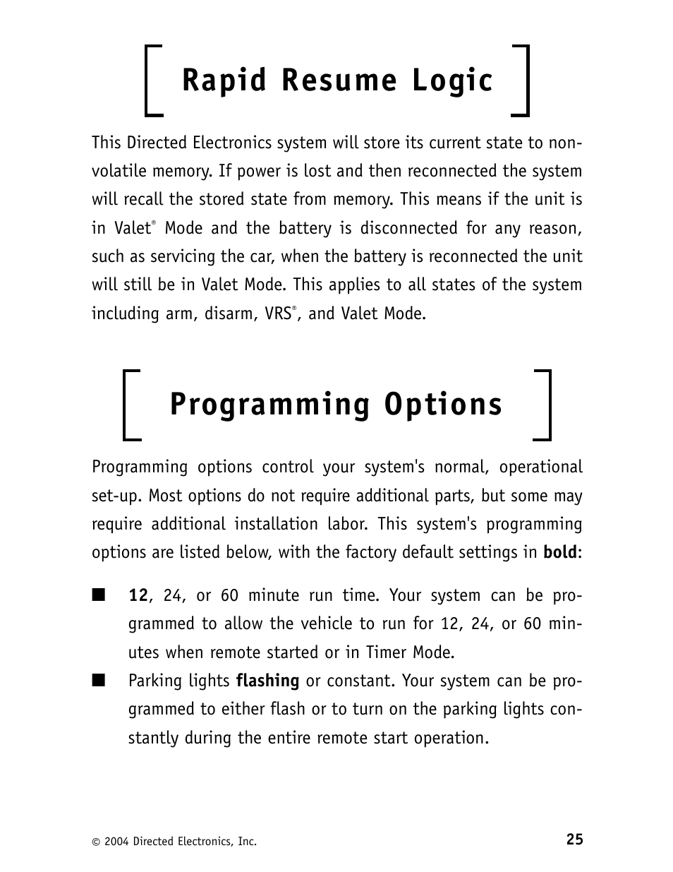 Rapid resume logic, Programming options | Directed Electronics Security System and Convenience 125xv User Manual | Page 29 / 38