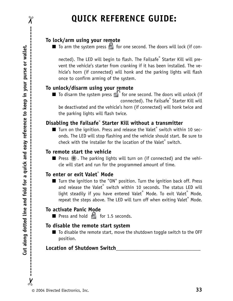 Quick reference guide | Directed Electronics Security System and Convenience 125xv User Manual | Page 37 / 38