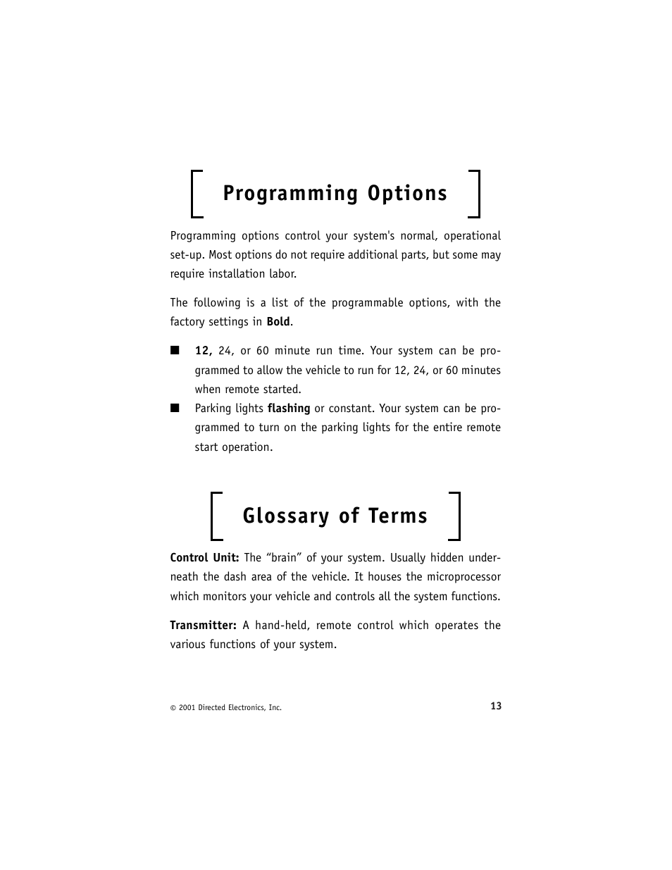 Programming options, Glossary of terms | Directed Electronics Avital G3000 7/01 User Manual | Page 16 / 18