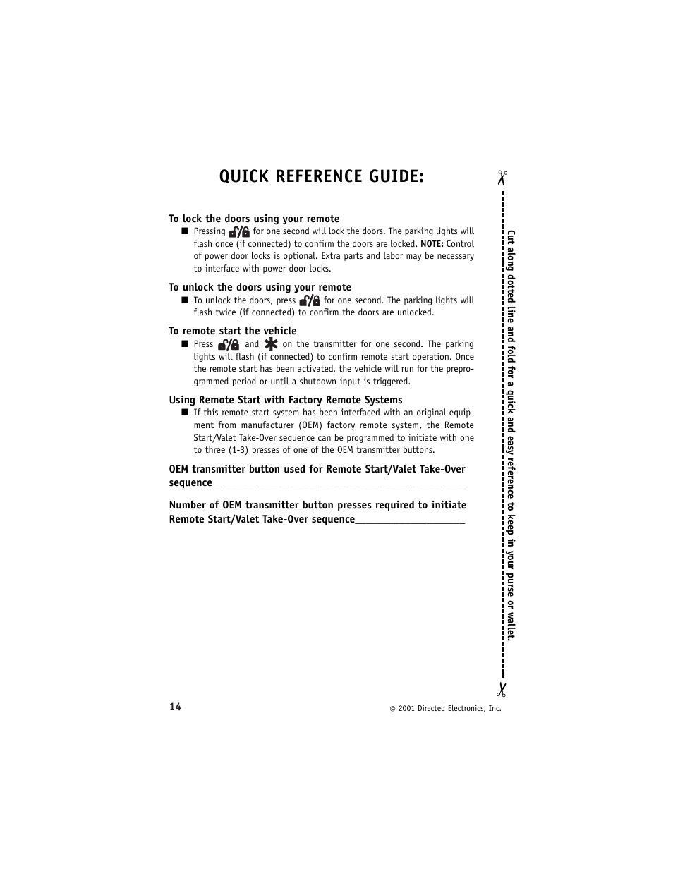 Quick reference guide | Directed Electronics Avital G3000 7/01 User Manual | Page 17 / 18