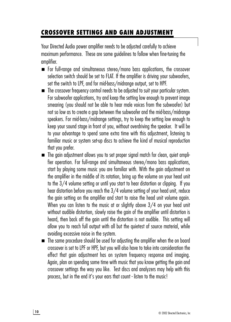 Crossover settings and gain adjustment | Directed Electronics 2400 User Manual | Page 10 / 12