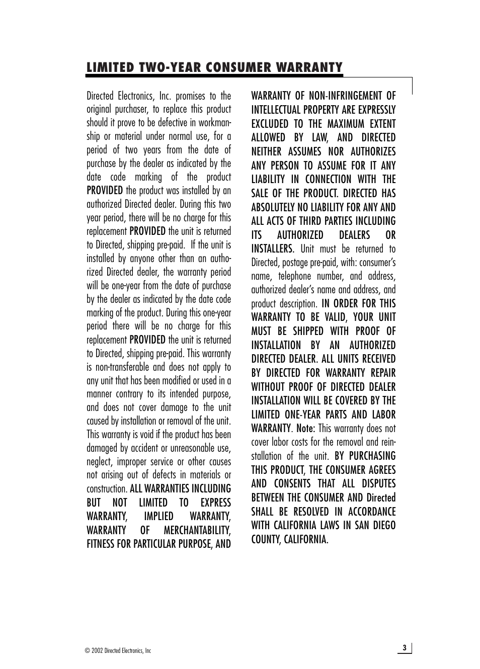 Limited two-year consumer warranty | Directed Electronics 2400 User Manual | Page 3 / 12