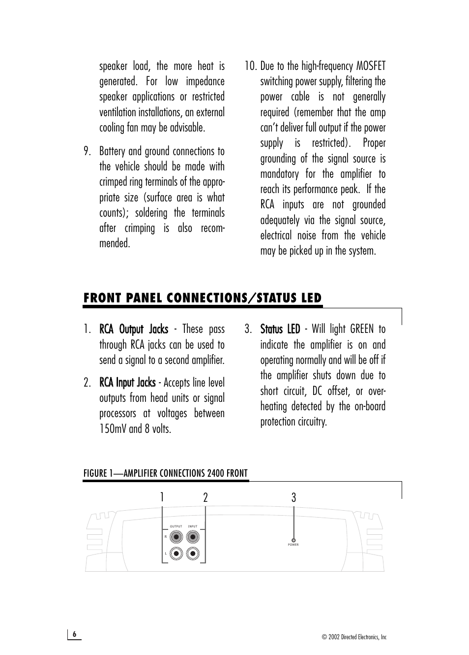 Front panel connections/status led | Directed Electronics 2400 User Manual | Page 6 / 12