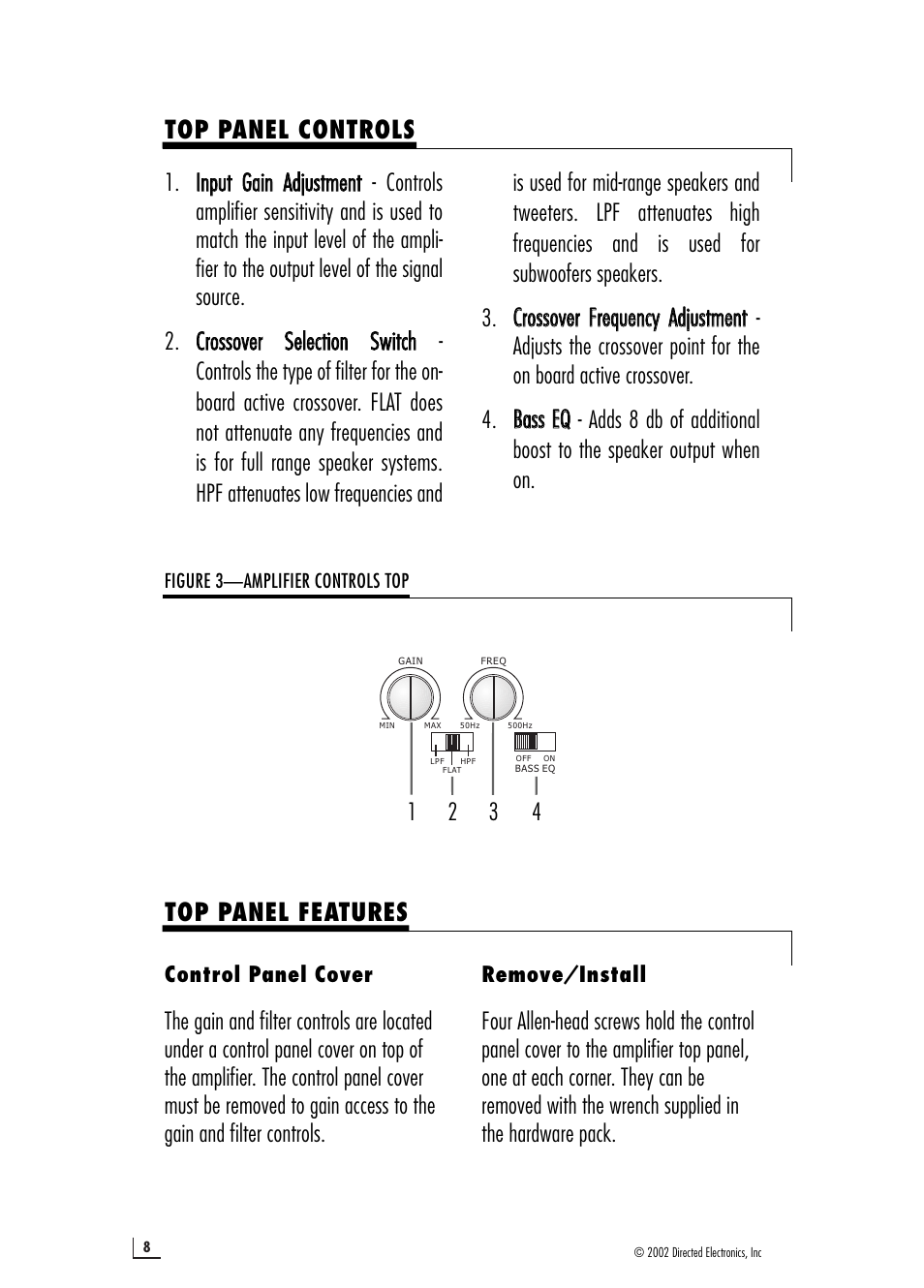 Top panel controls, Top panel features, Control panel cover | Remove/install | Directed Electronics 2400 User Manual | Page 8 / 12