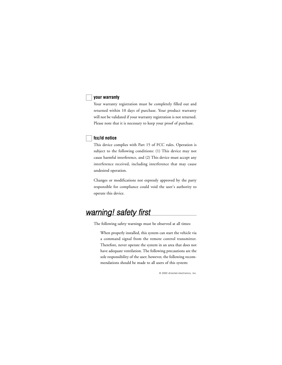Wwa arrn niin ng g!! ssa affe ettyy ffiirrsstt | Directed Electronics 335912 359D User Manual | Page 7 / 49