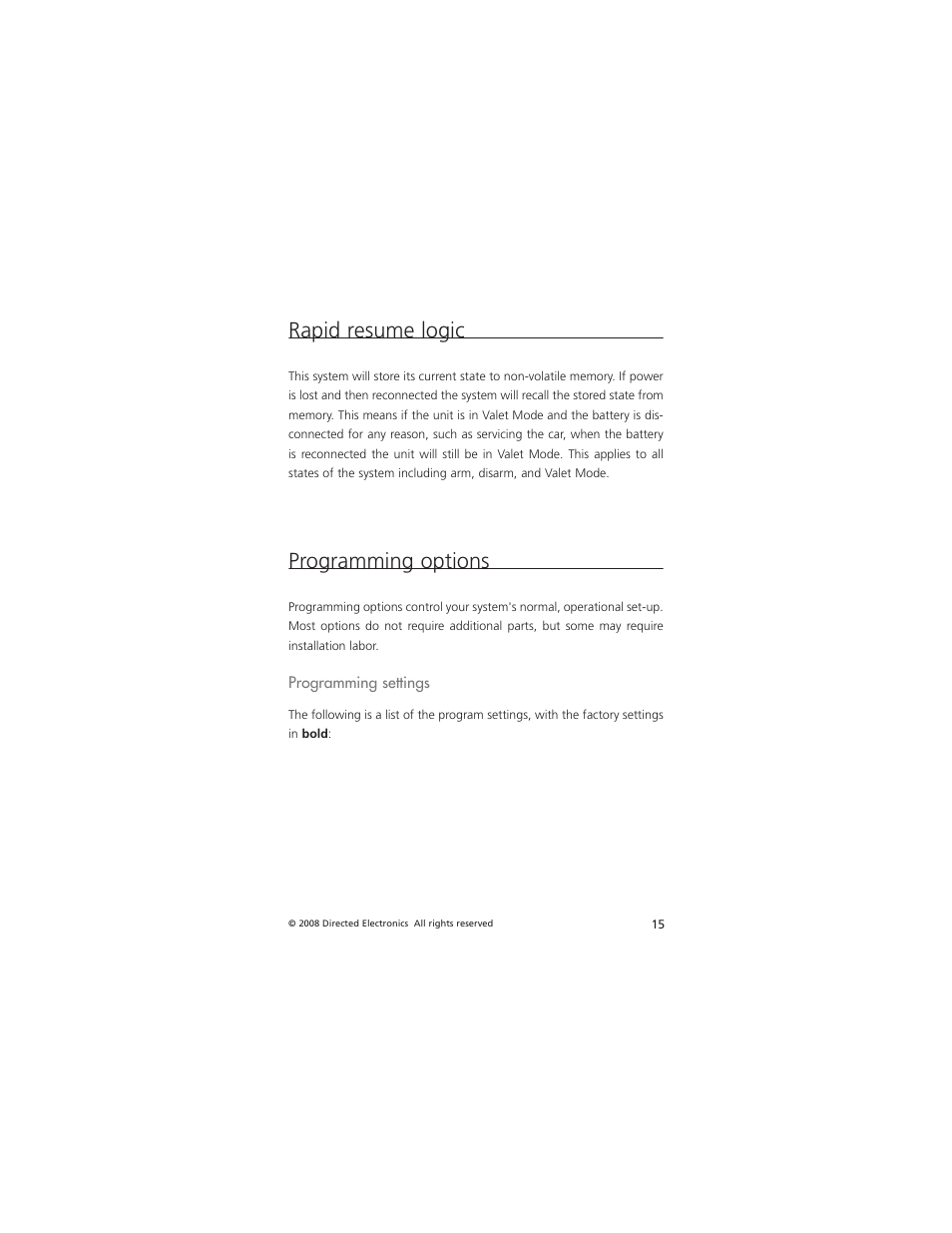 Rapid resume logic, Programming options | Directed Electronics NONE AM5 User Manual | Page 18 / 25