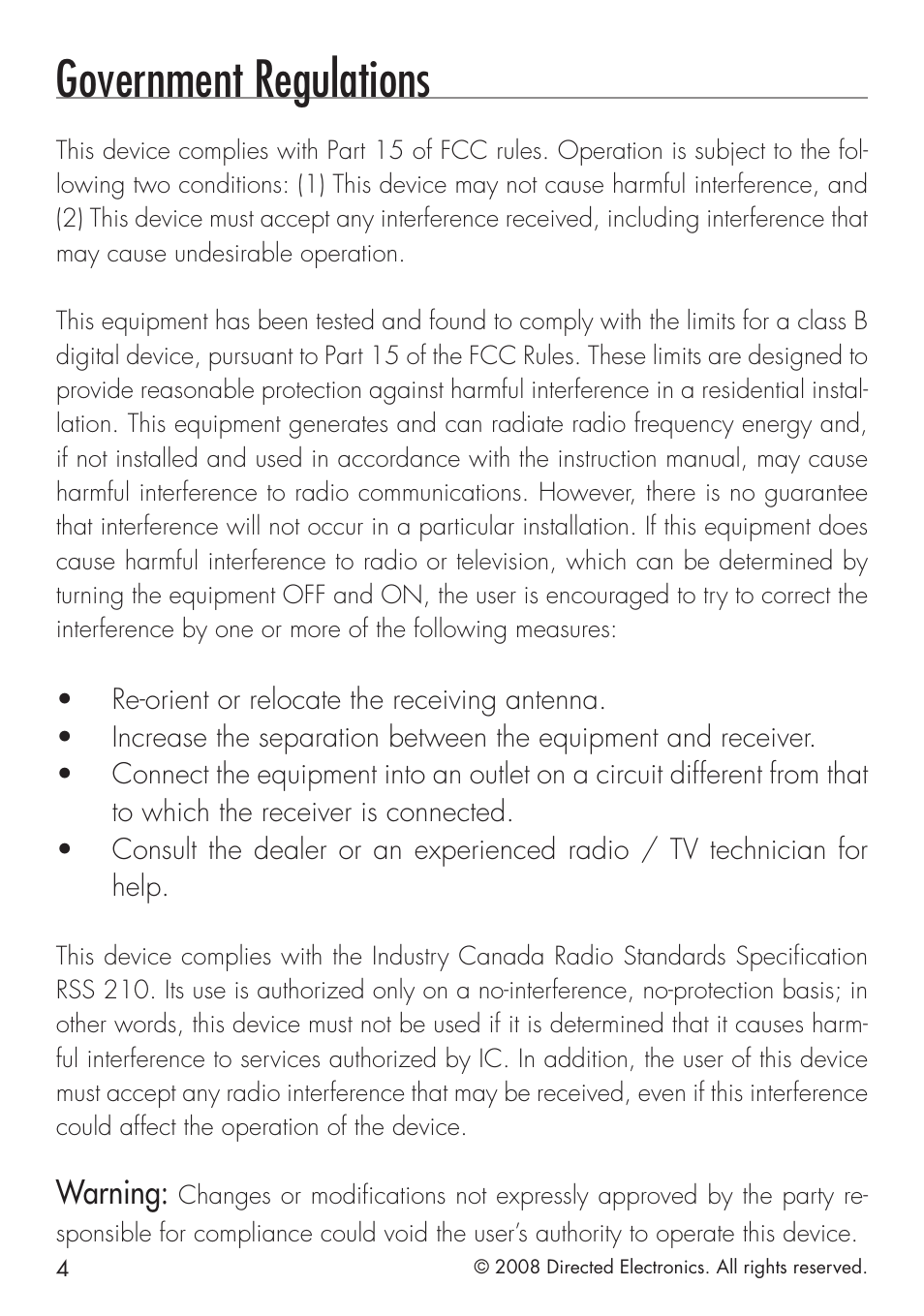 Government regulations, Warning | Directed Electronics G4203P User Manual | Page 4 / 20