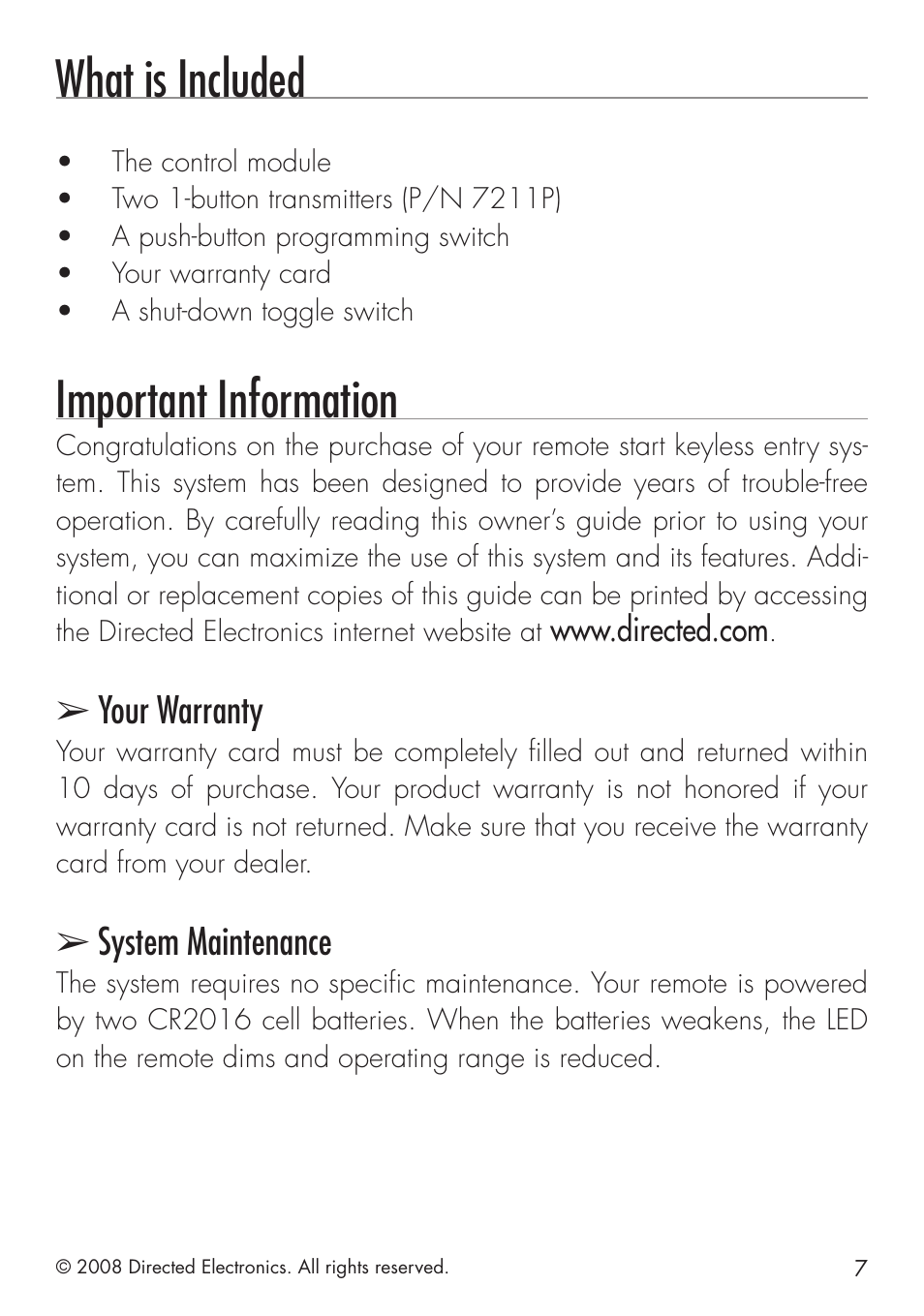 What is included, Important information, Your warranty | System maintenance | Directed Electronics G4203P User Manual | Page 7 / 20