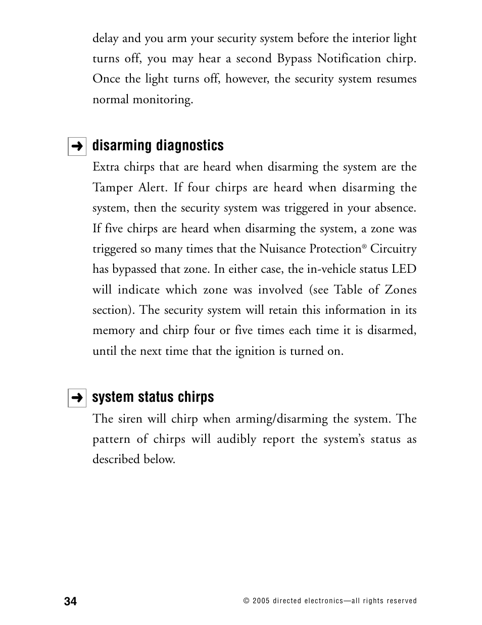 Disarming diagnostics, System status chirps | Directed Electronics 771XV User Manual | Page 37 / 52