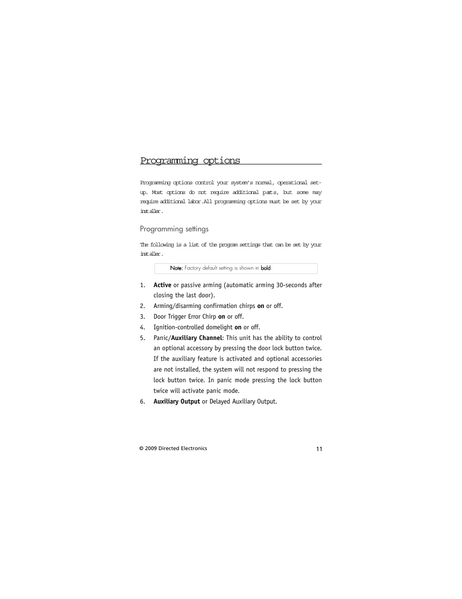 Programming options | Directed Electronics AVITAL 3001L User Manual | Page 15 / 24