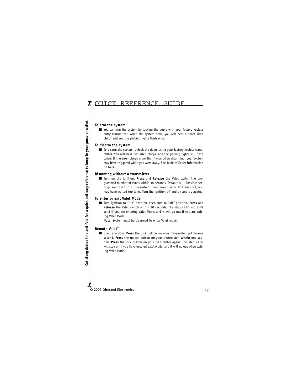 Quick reference guide | Directed Electronics AVITAL 3001L User Manual | Page 21 / 24