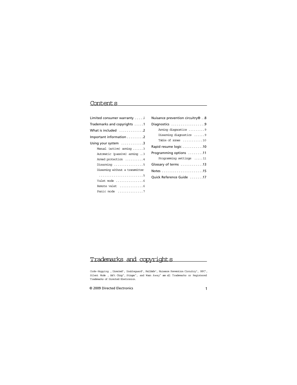 Contents trademarks and copyrights | Directed Electronics AVITAL 3001L User Manual | Page 5 / 24