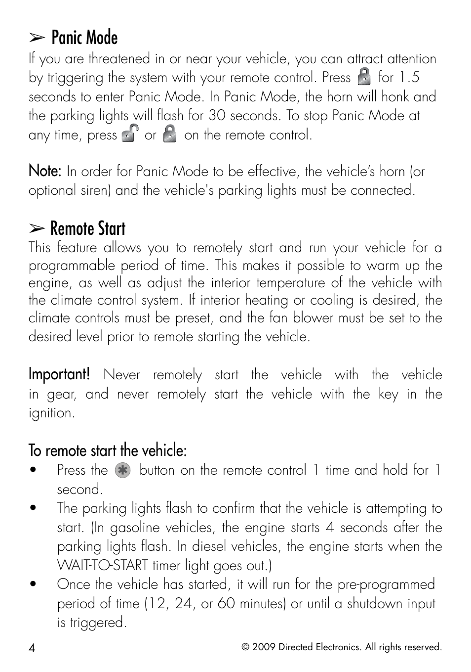 Panic mode, Remote start, Important | Directed Electronics AVITAL 4603 User Manual | Page 10 / 28