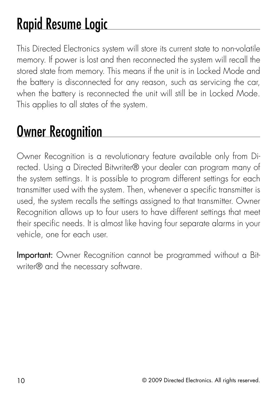 Rapid resume logic, Owner recognition | Directed Electronics AVITAL 4603 User Manual | Page 16 / 28