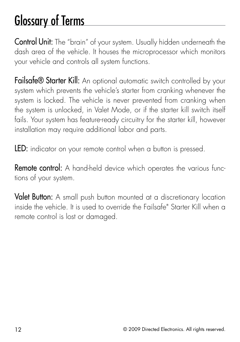 Glossary of terms | Directed Electronics AVITAL 4603 User Manual | Page 18 / 28