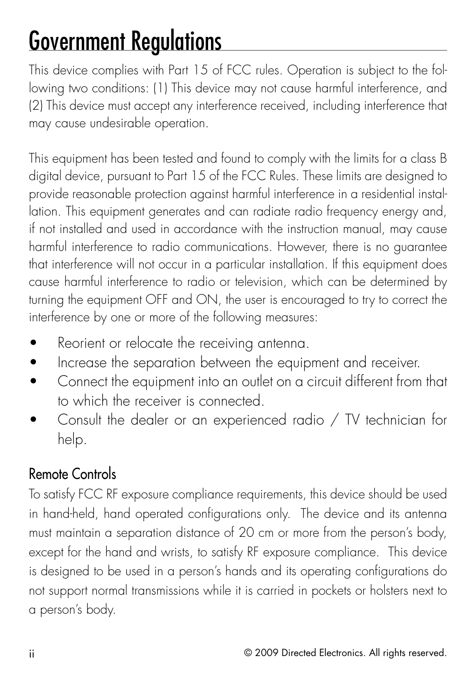 Government regulations | Directed Electronics AVITAL 4603 User Manual | Page 4 / 28