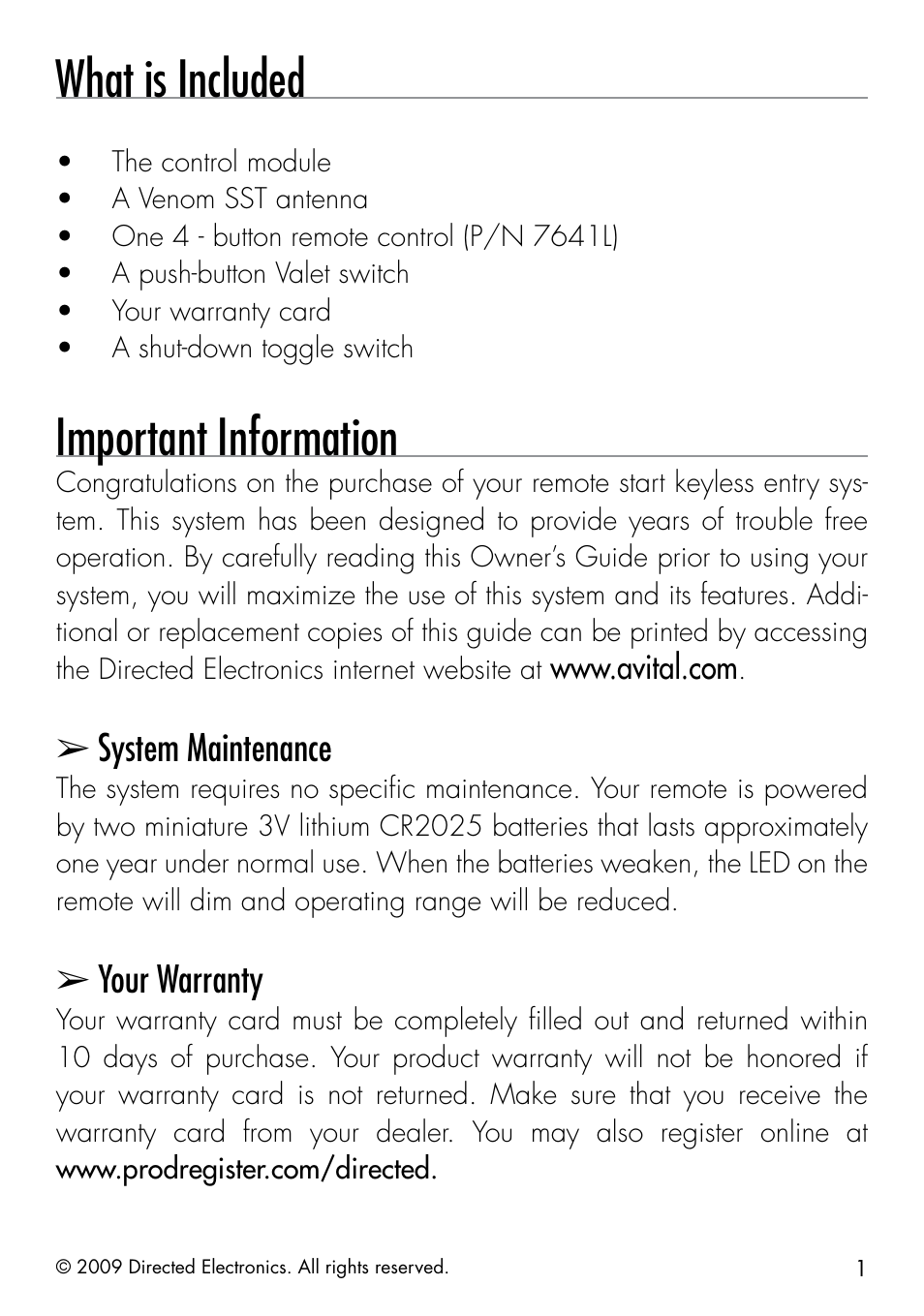 What is included, Important information, System maintenance | Your warranty | Directed Electronics AVITAL 4603 User Manual | Page 7 / 28