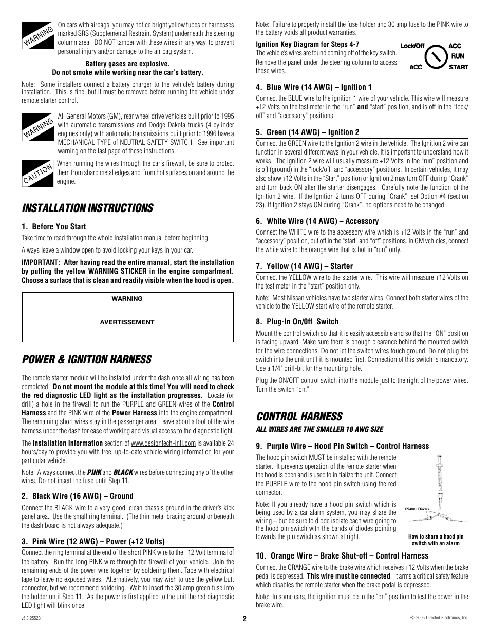 Installation instructions, Power & ignition harness, Control harness | Directed Electronics 28623T User Manual | Page 2 / 20