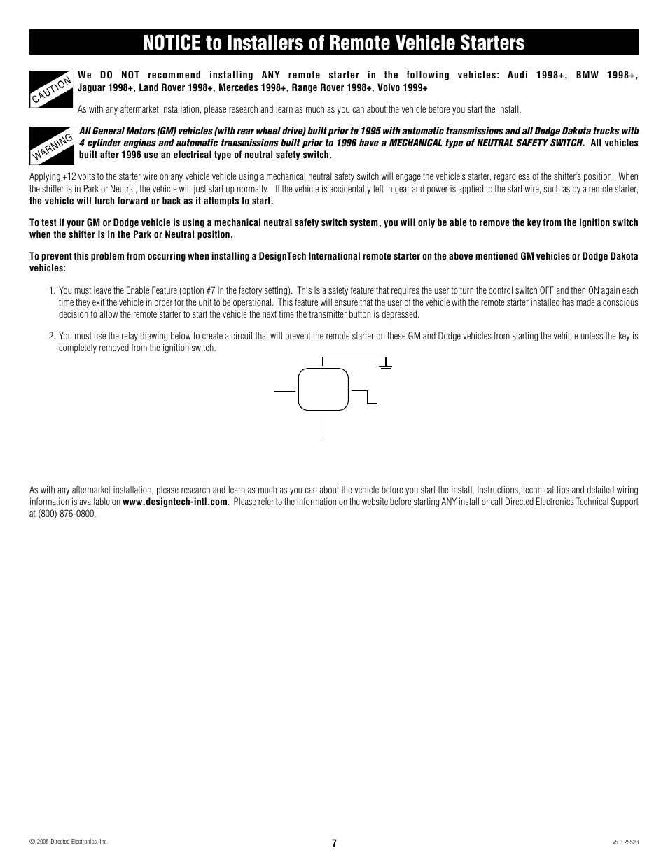 Notice to installers of remote vehicle starters | Directed Electronics 28623T User Manual | Page 7 / 20