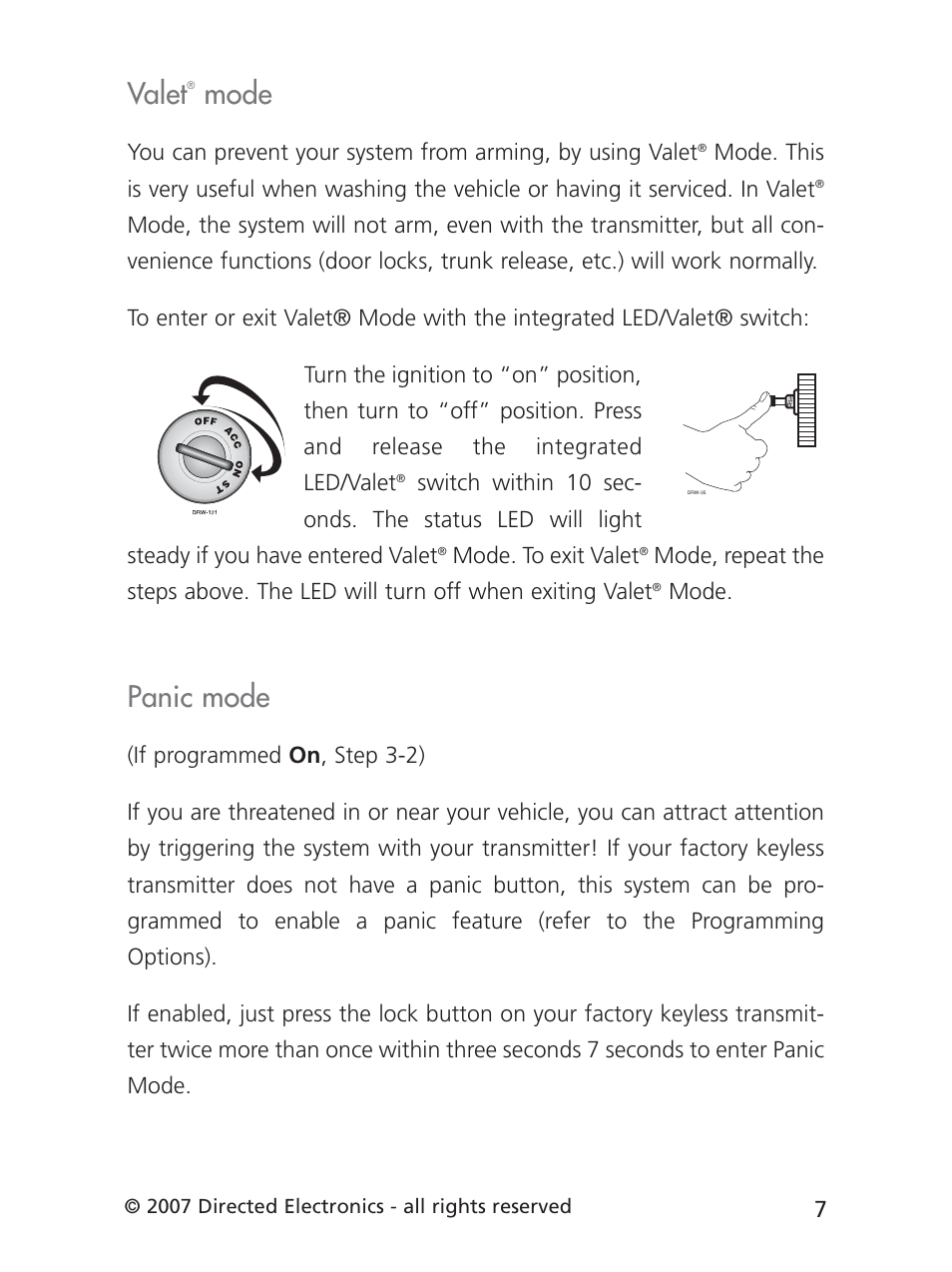 Valet, Mode, Panic mode | Directed Electronics 3901V User Manual | Page 10 / 21