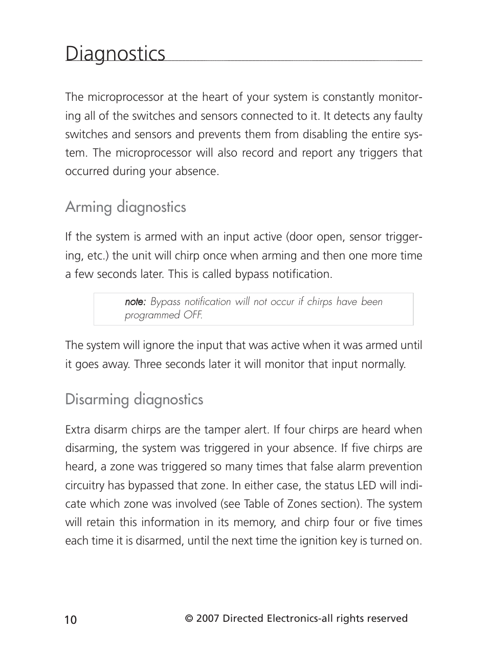 Diagnostics, Arming diagnostics, Disarming diagnostics | Directed Electronics 3901V User Manual | Page 13 / 21