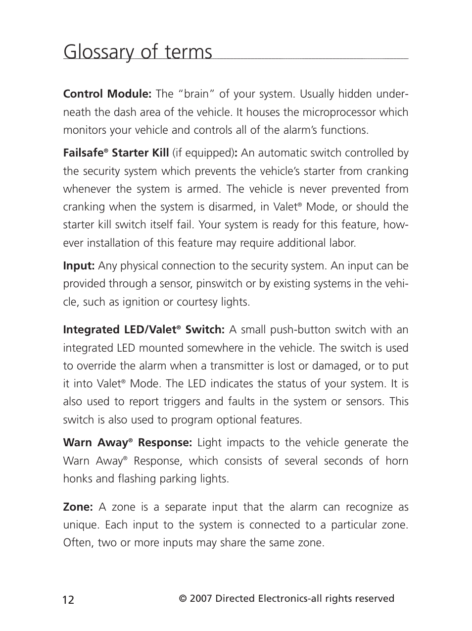 Glossary of terms | Directed Electronics 3901V User Manual | Page 15 / 21