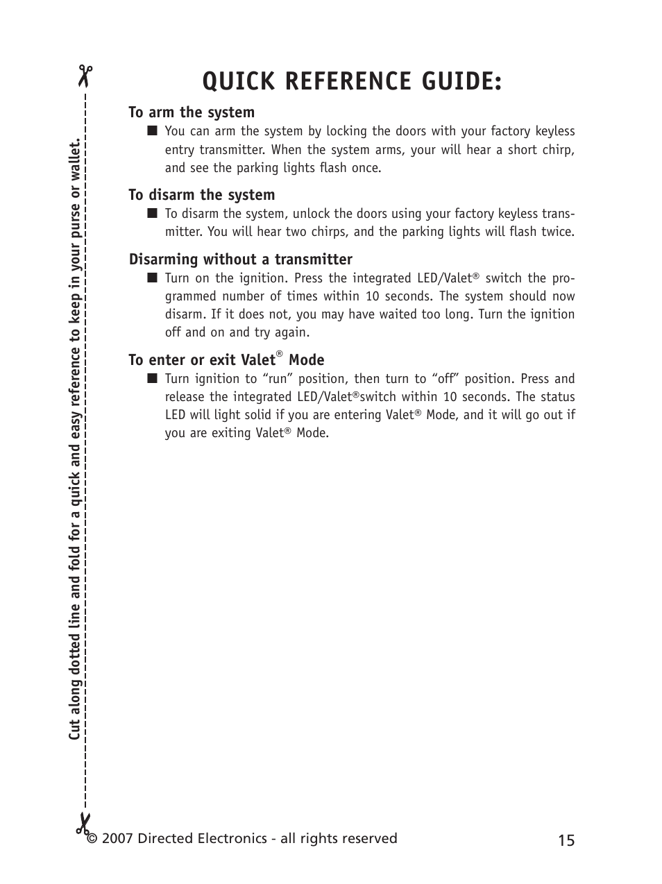 Quick reference guide | Directed Electronics 3901V User Manual | Page 18 / 21