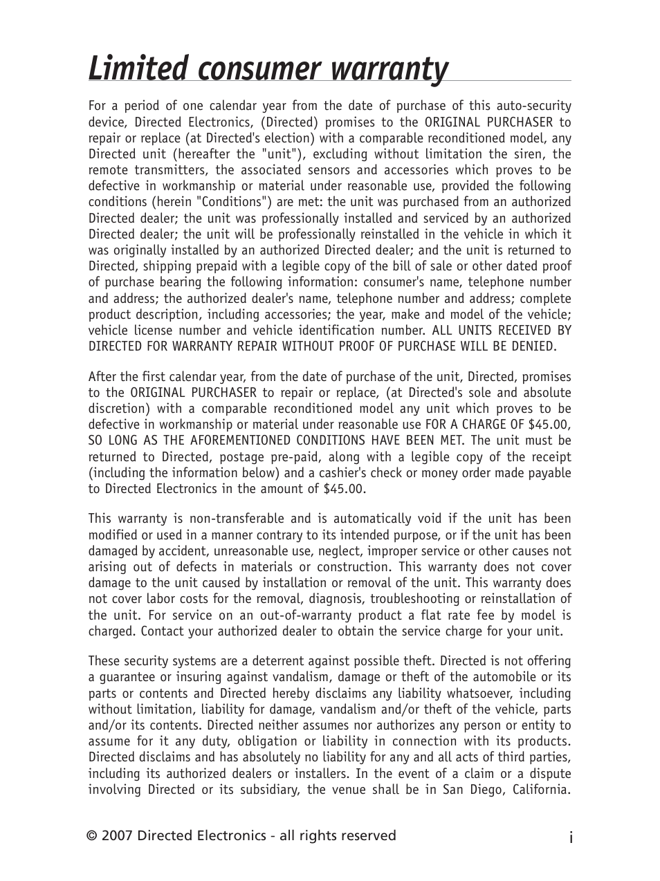 Limited consumer warranty | Directed Electronics 3901V User Manual | Page 2 / 21