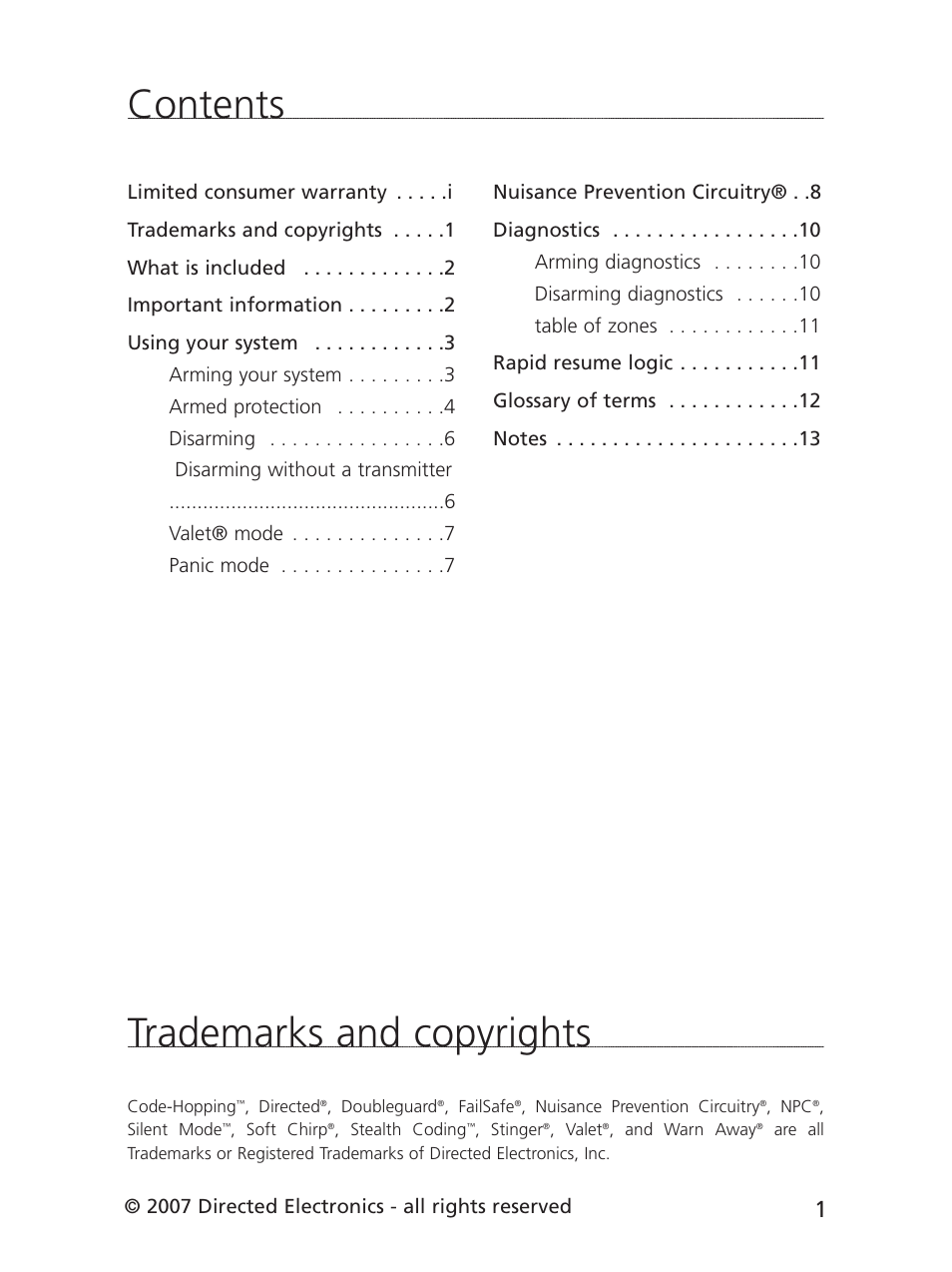 Contents trademarks and copyrights | Directed Electronics 3901V User Manual | Page 4 / 21