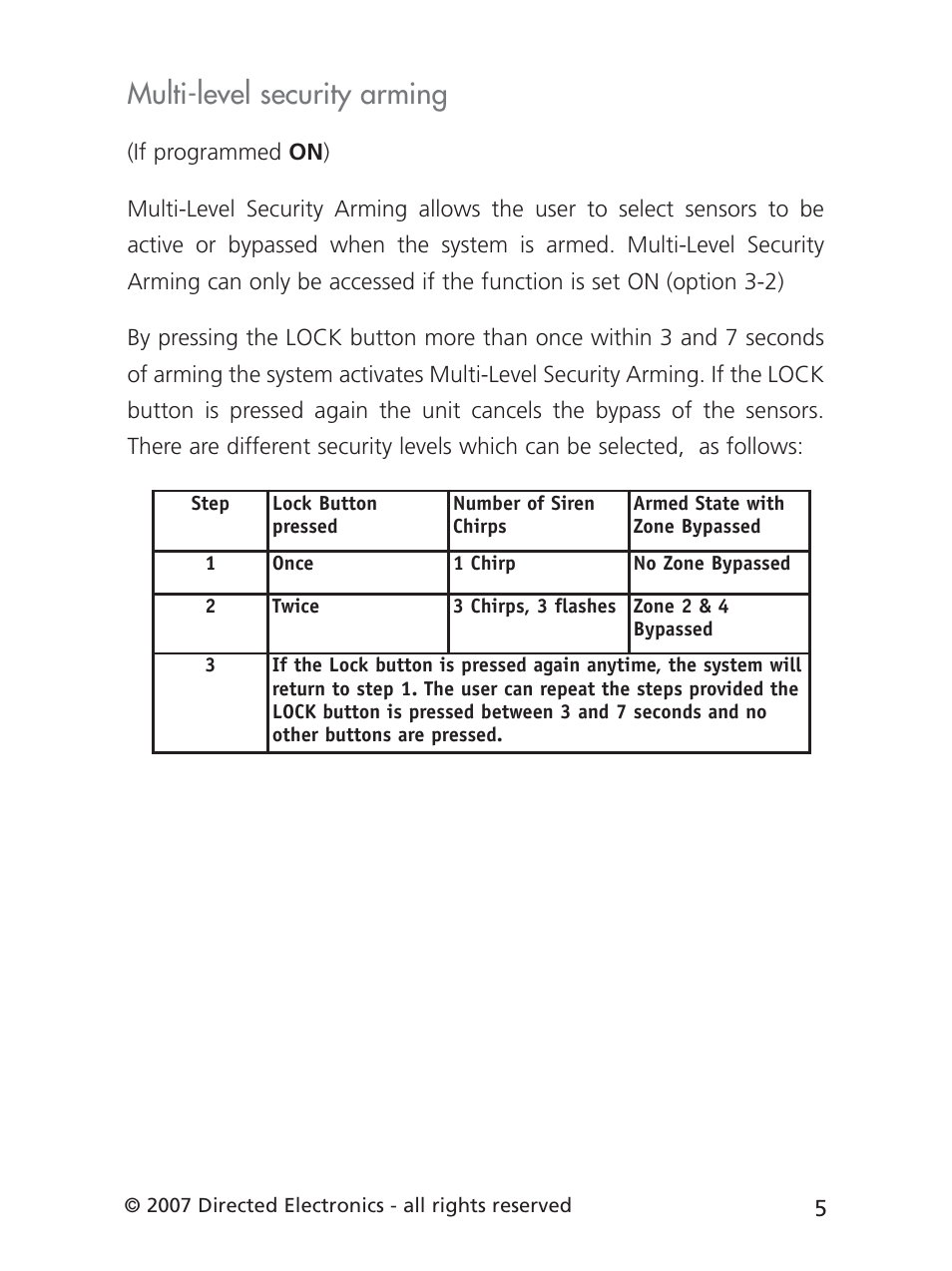 Multi-level security arming | Directed Electronics 3901V User Manual | Page 8 / 21