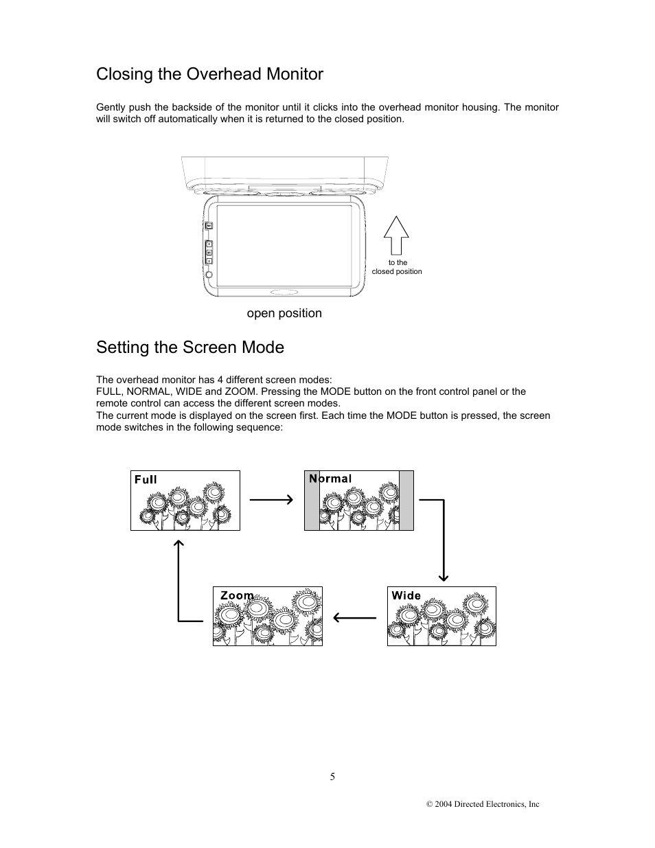 Closing the overhead monitor, Setting the screen mode | Directed Electronics OHD1502 User Manual | Page 10 / 27