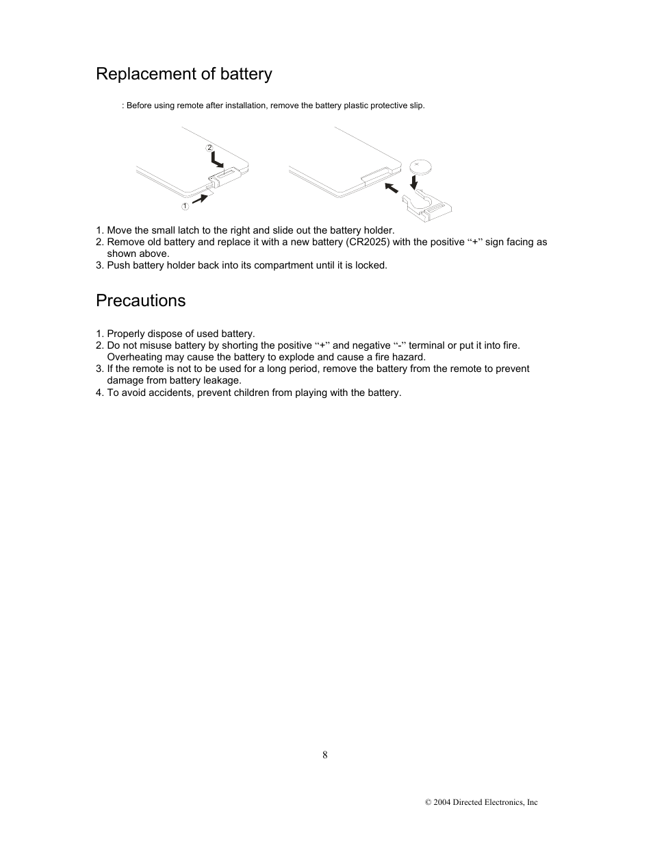 Replacement of battery, Precautions | Directed Electronics OHD1502 User Manual | Page 13 / 27