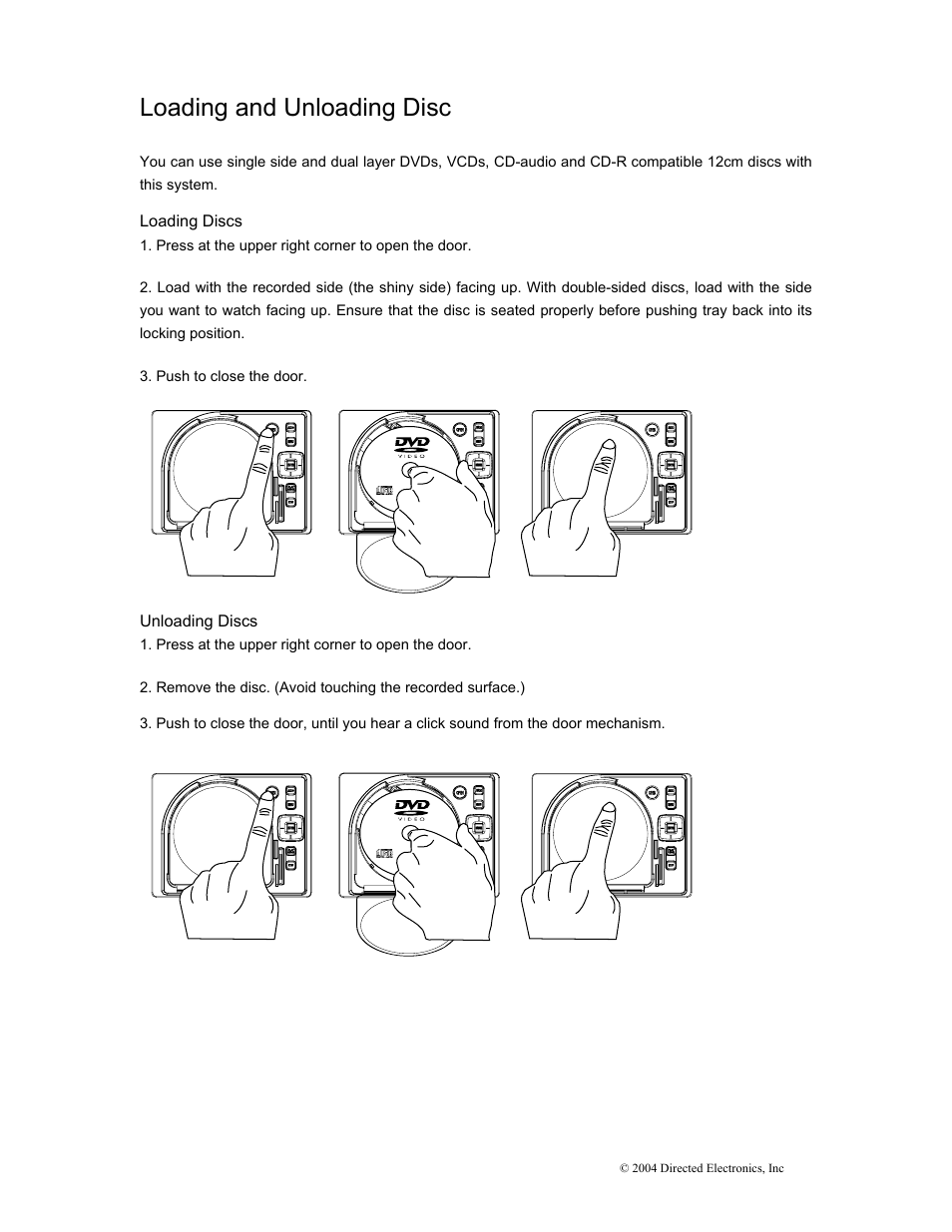 Loading and unloading disc | Directed Electronics OHD1502 User Manual | Page 14 / 27