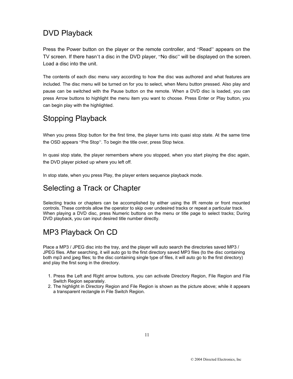 Dvd playback, Stopping playback, Selecting a track or chapter | Mp3 playback on cd | Directed Electronics OHD1502 User Manual | Page 16 / 27